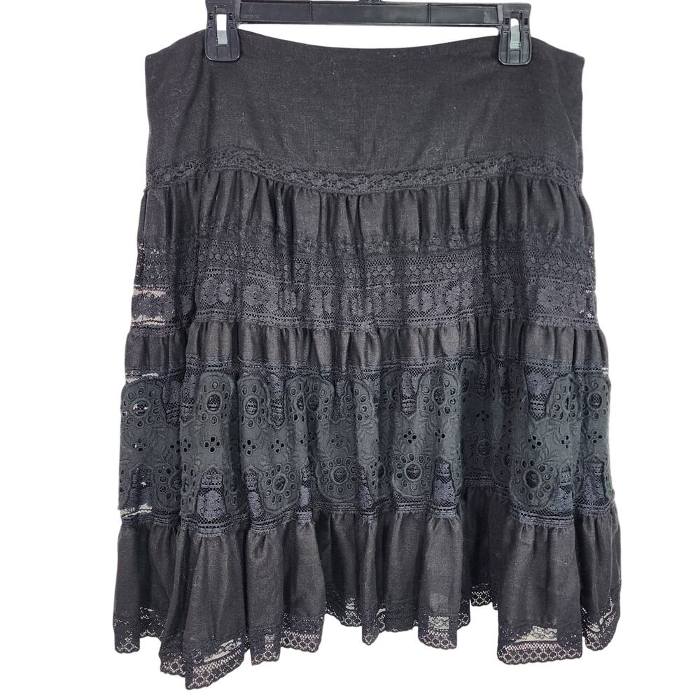 Sundance 100% Linen Lace Tiered Skirt L Boho Lined Eyelet Cottagecore Western